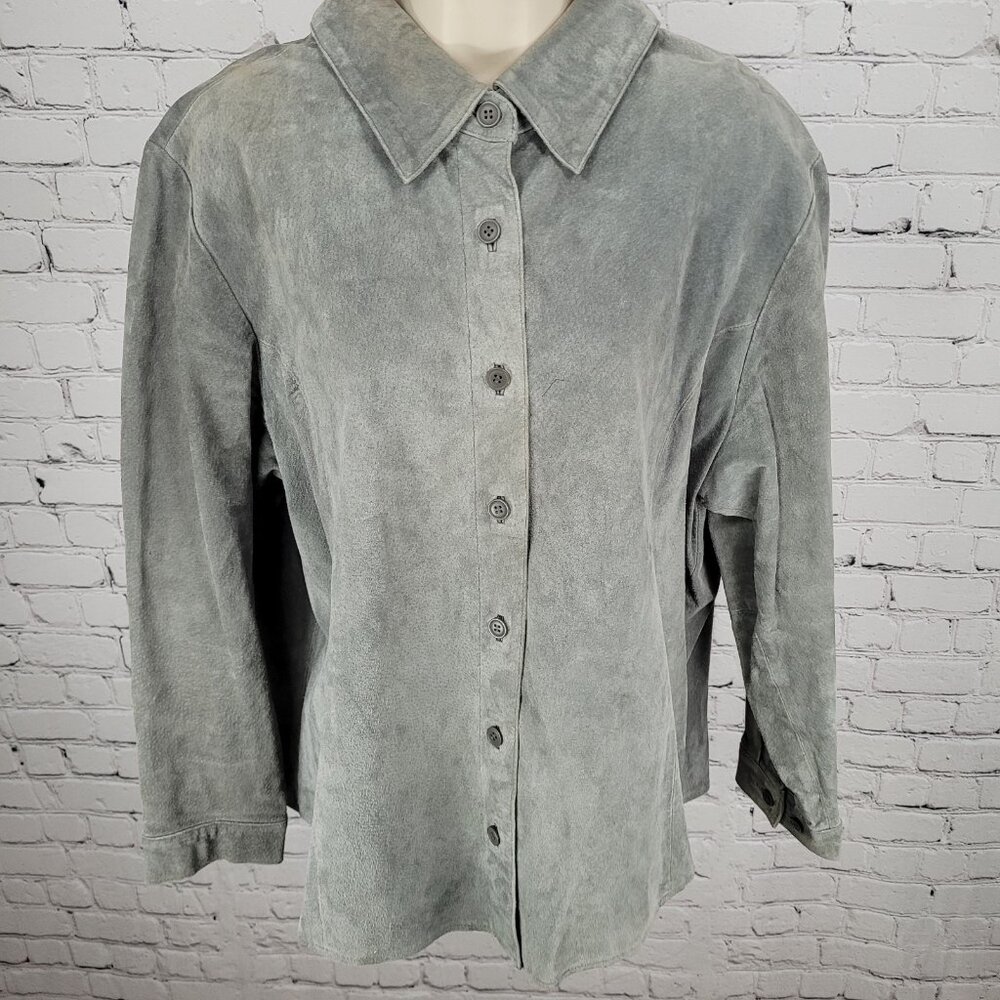 Jessica Holbrook Grey Genuine Suede Collar Button Up Lined Shirt Shacket Size 1X